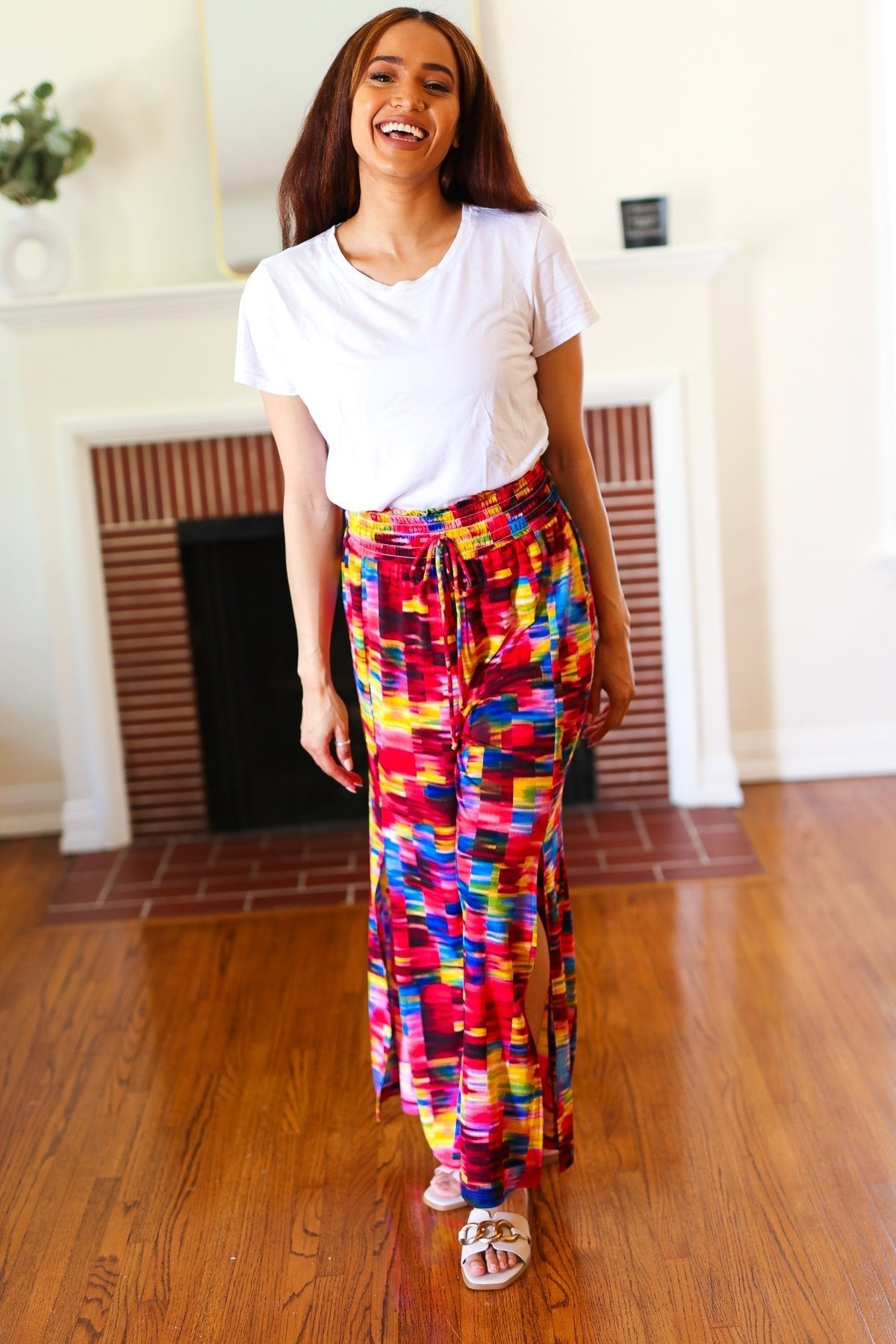 Vacay Vibes Kaleidoscope Smocked Waist Side Slit Palazzo Pants - Bitsy Gypsy Boutique