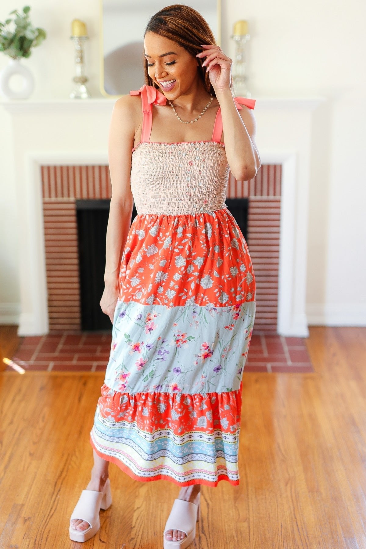 Vacay Vibes Taupe Floral Smocked Tube Top Tiered Maxi Dress - Bitsy Gypsy Boutique