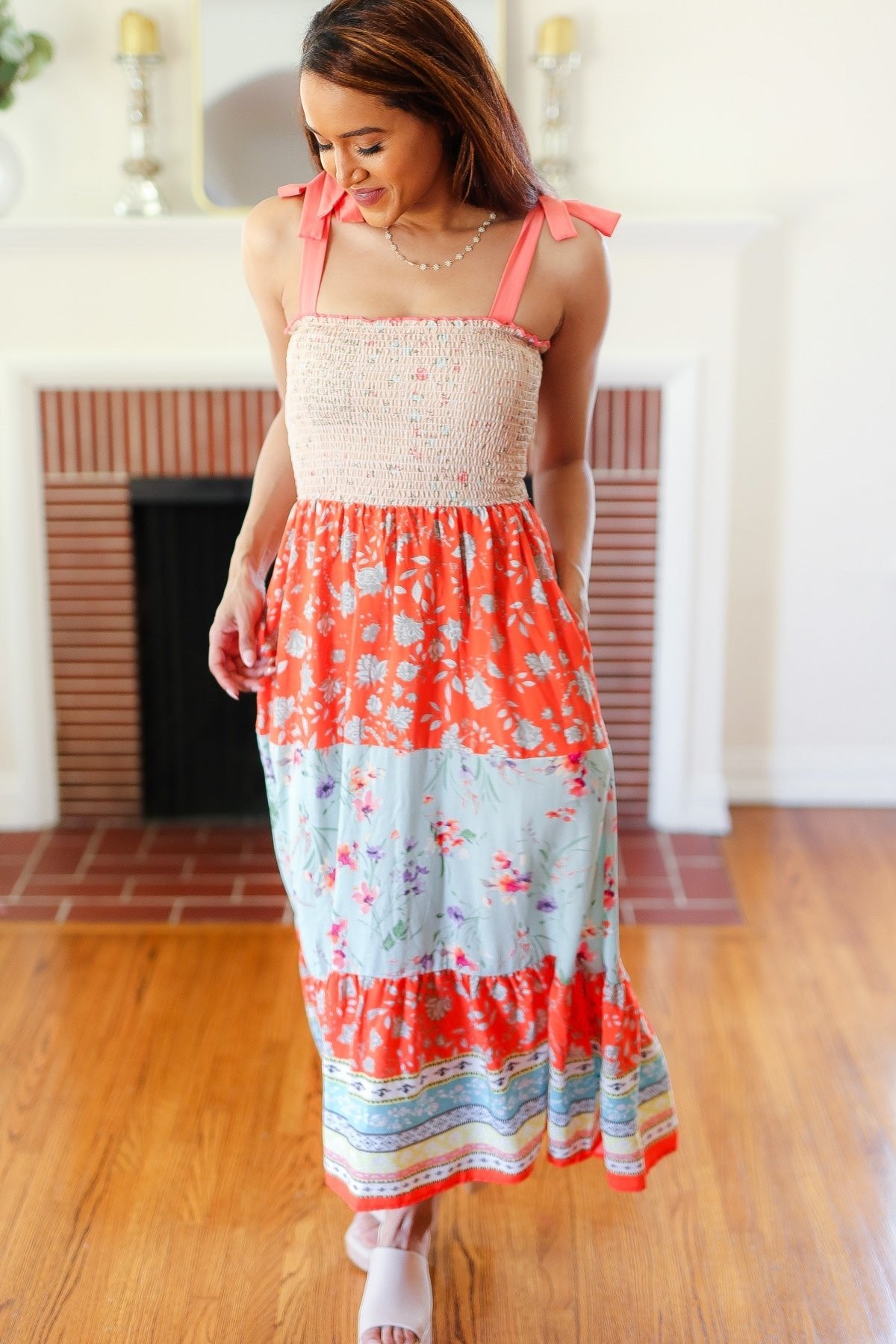 Vacay Vibes Taupe Floral Smocked Tube Top Tiered Maxi Dress - Bitsy Gypsy Boutique