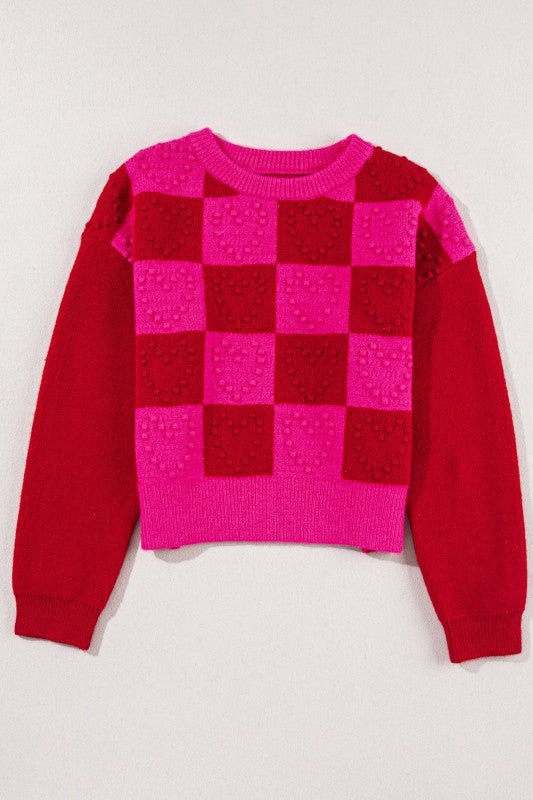 Valentine Checker Heart Round Neck Sweater - Bitsy Gypsy Boutique
