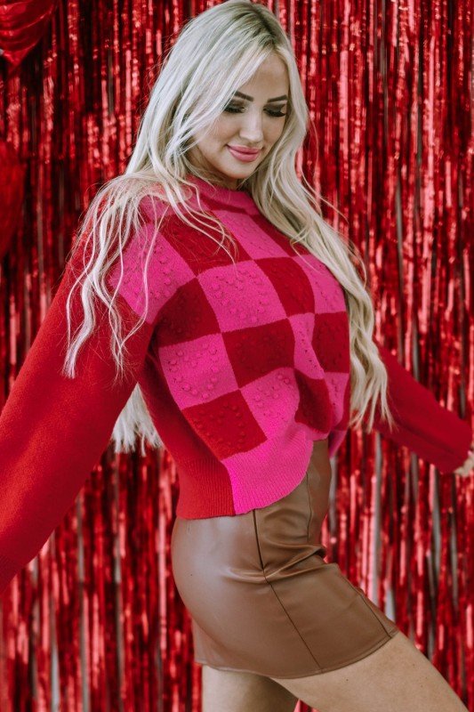 Valentine Checker Heart Round Neck Sweater - Bitsy Gypsy Boutique