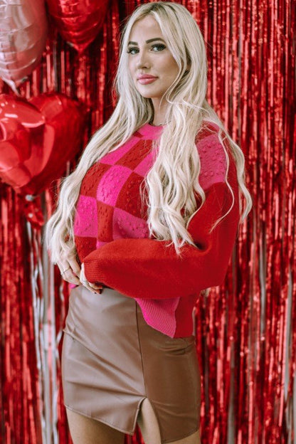 Valentine Checker Heart Round Neck Sweater - Bitsy Gypsy Boutique