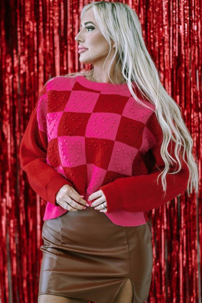 Valentine Checker Heart Round Neck Sweater - Bitsy Gypsy Boutique