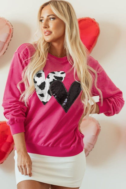 Valentine Heart Sequin and Cow Patchwork Sweatshir - Bitsy Gypsy Boutique