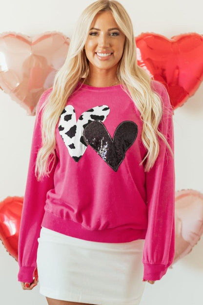 Valentine Heart Sequin and Cow Patchwork Sweatshir - Bitsy Gypsy Boutique
