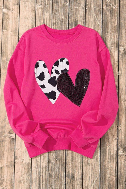 Valentine Heart Sequin and Cow Patchwork Sweatshir - Bitsy Gypsy Boutique