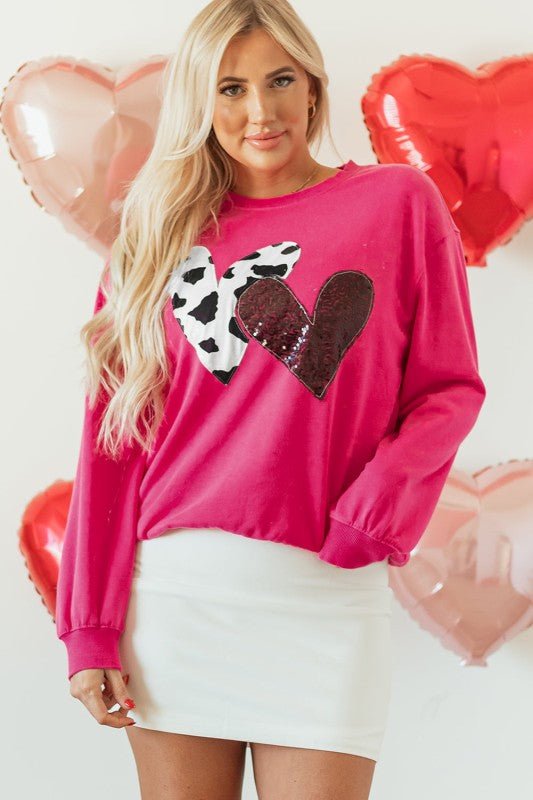 Valentine Heart Sequin and Cow Patchwork Sweatshir - Bitsy Gypsy Boutique
