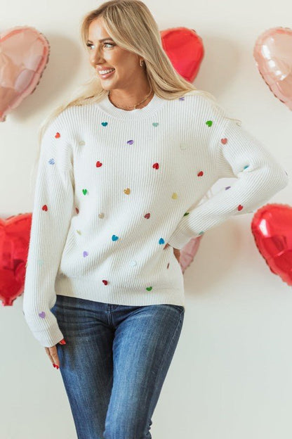 Valentine Heart Sequin Ribbed Knit Crewneck Sweate - Bitsy Gypsy Boutique
