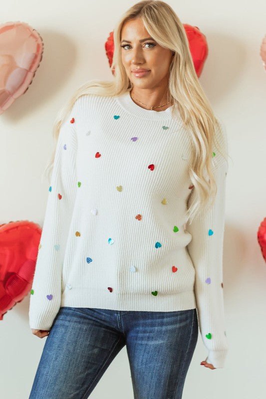 Valentine Heart Sequin Ribbed Knit Crewneck Sweate - Bitsy Gypsy Boutique