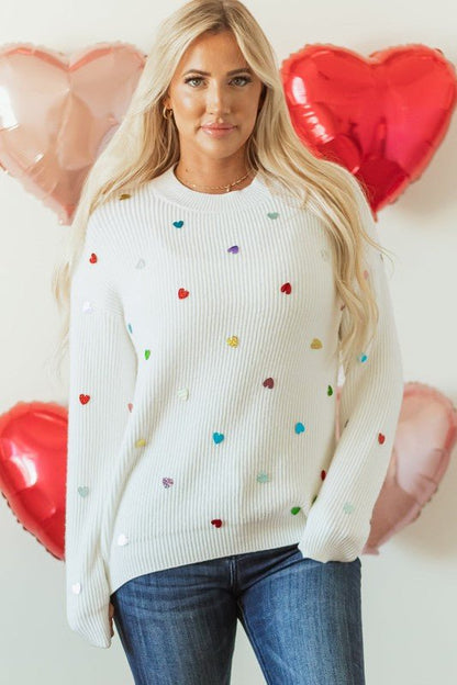 Valentine Heart Sequin Ribbed Knit Crewneck Sweate - Bitsy Gypsy Boutique