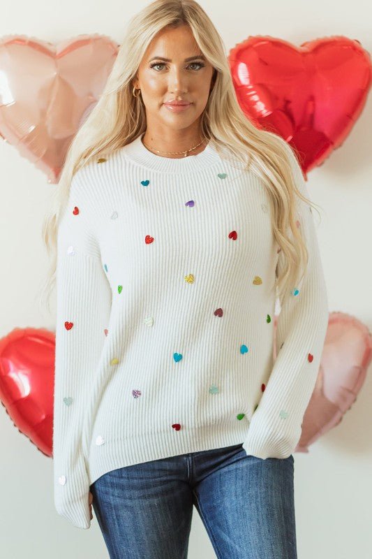 Valentine Heart Sequin Ribbed Knit Crewneck Sweate - Bitsy Gypsy Boutique