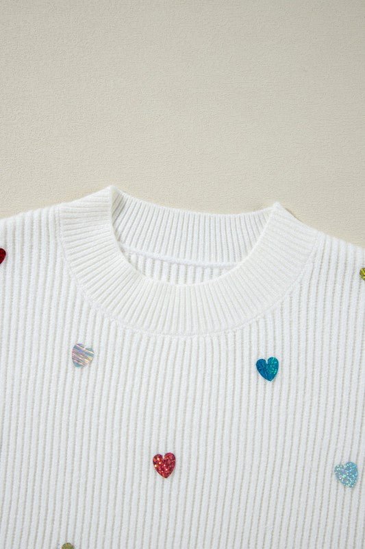 Valentine Heart Sequin Ribbed Knit Crewneck Sweate - Bitsy Gypsy Boutique