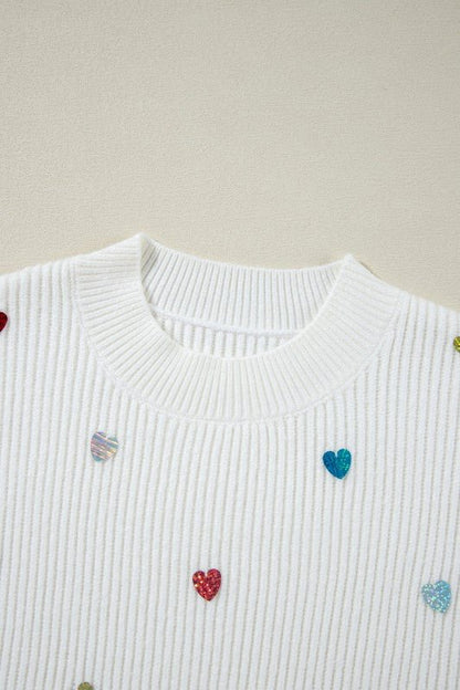 Valentine Heart Sequin Ribbed Knit Crewneck Sweate - Bitsy Gypsy Boutique