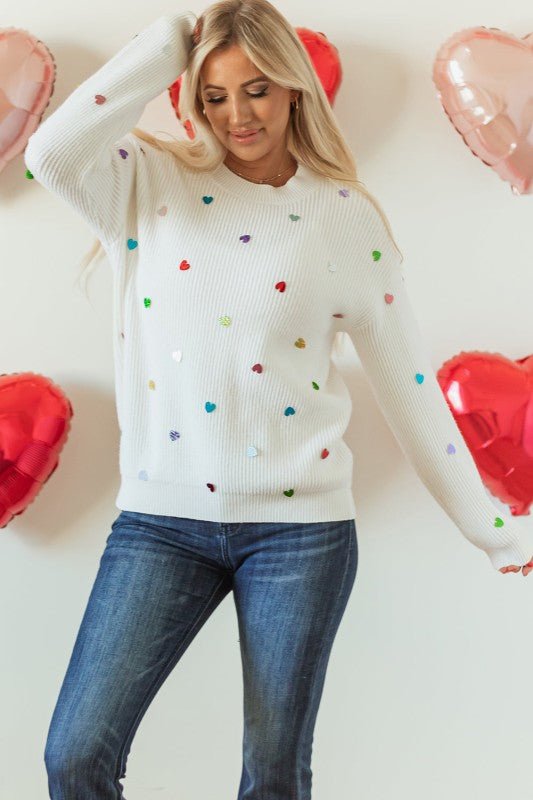 Valentine Heart Sequin Ribbed Knit Crewneck Sweate - Bitsy Gypsy Boutique