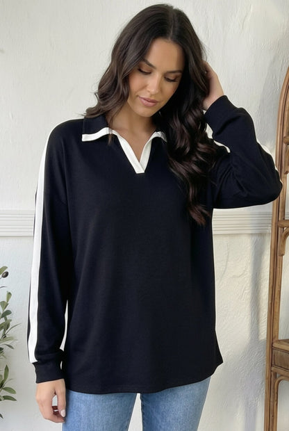 Varsity Vibes Notched Collar Black Top - Bitsy Gypsy Boutique