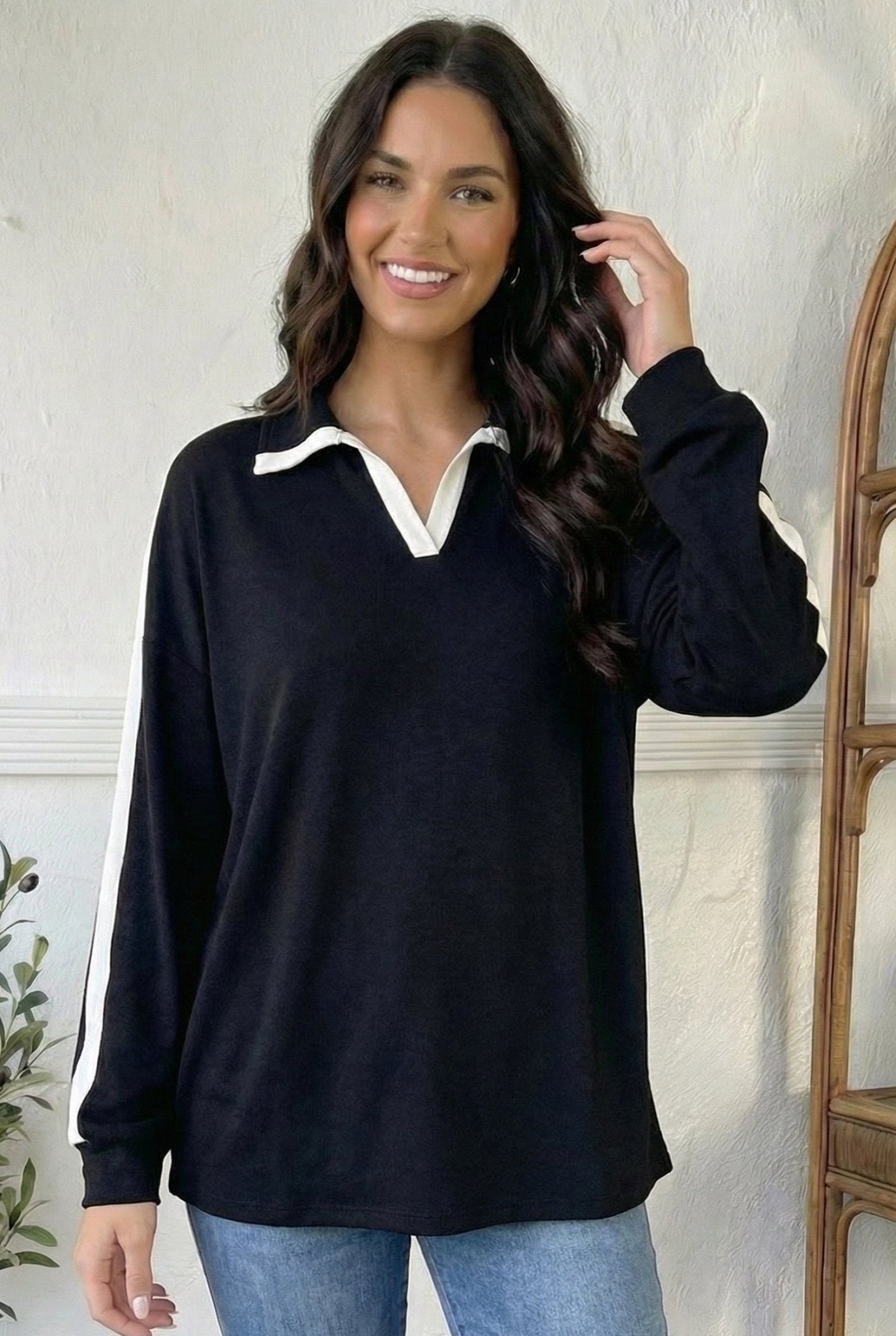 Varsity Vibes Notched Collar Black Top - Bitsy Gypsy Boutique