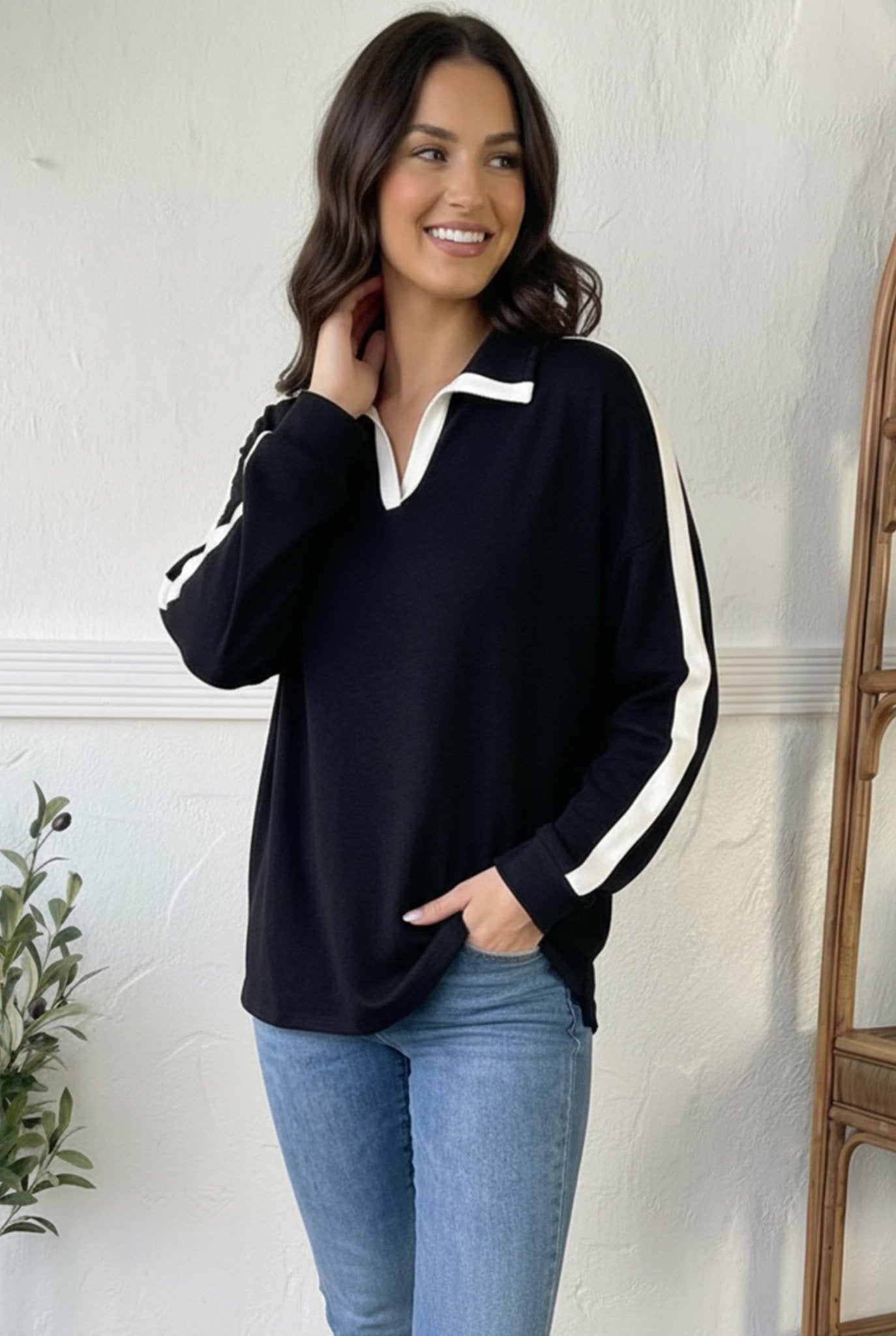 Varsity Vibes Notched Collar Black Top - Bitsy Gypsy Boutique