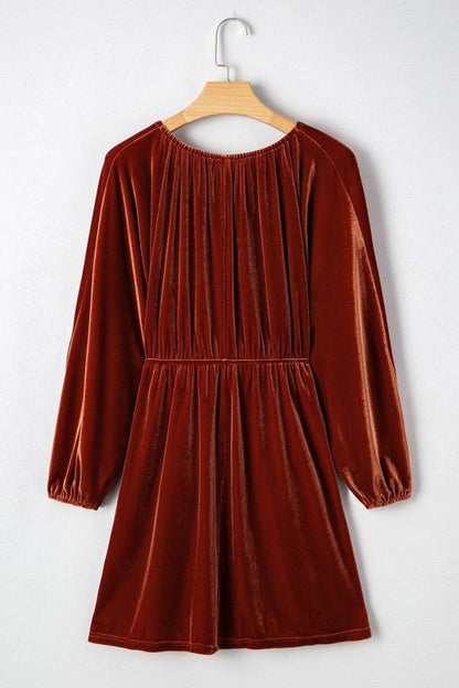 Velvet Elastic V - Neck Puff Sleeve Mini Dress - Bitsy Gypsy Boutique