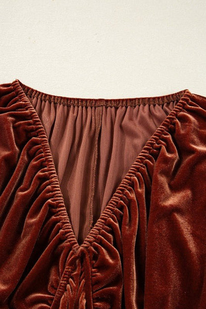 Velvet Elastic V - Neck Puff Sleeve Mini Dress - Bitsy Gypsy Boutique