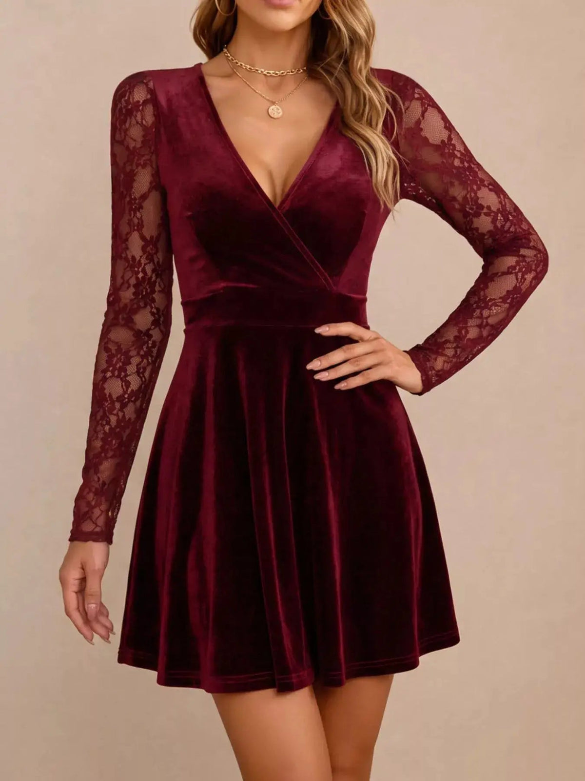 Velvet Lace Long Sleeve Mini Dress - Bitsy Gypsy Boutique