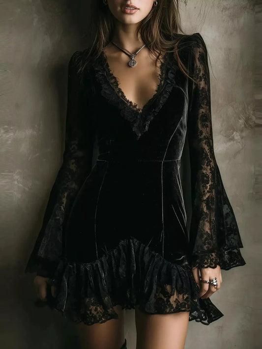 Velvet Lace Trim V-Neck Mini Dress - Bitsy Gypsy Boutique