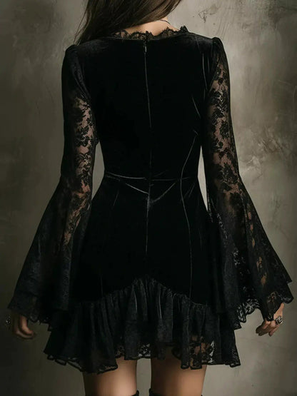 Velvet Lace Trim V-Neck Mini Dress - Bitsy Gypsy Boutique