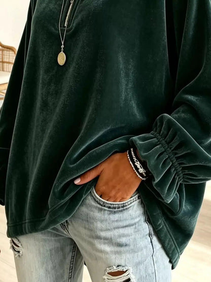 Velvet Quarter-Zip Sweatshirt with Ruffled Cuffs - Bitsy Gypsy Boutique