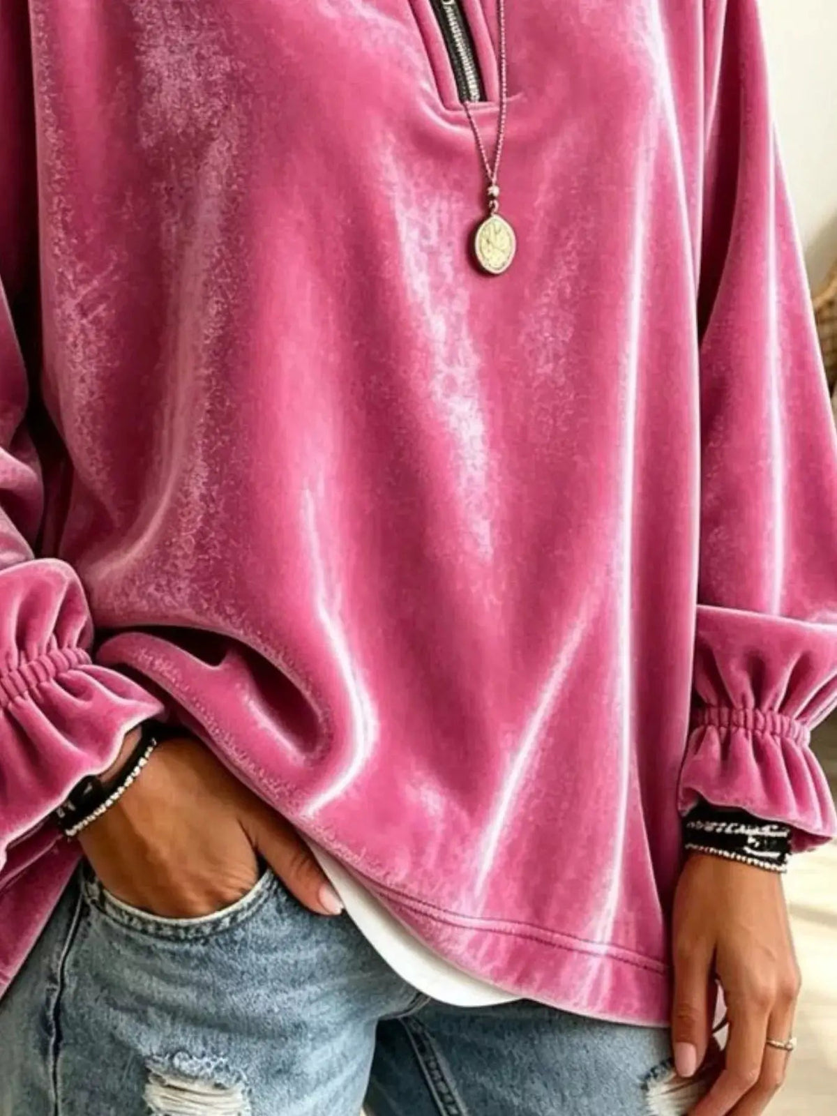 Velvet Quarter-Zip Sweatshirt with Ruffled Cuffs - Bitsy Gypsy Boutique