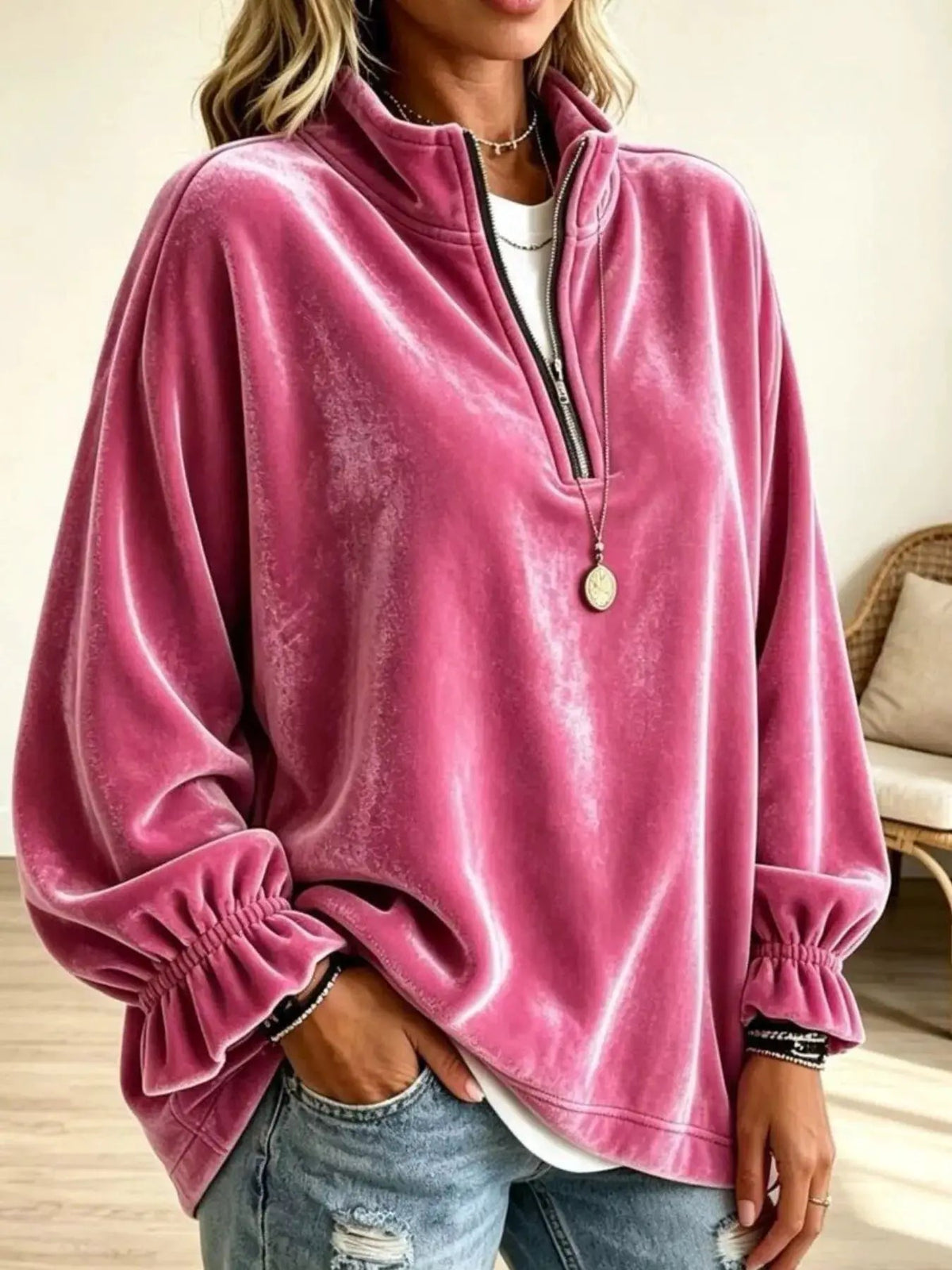 Velvet Quarter-Zip Sweatshirt with Ruffled Cuffs - Bitsy Gypsy Boutique