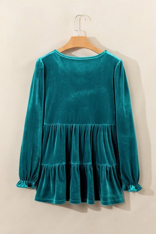 Velvet V - Neck Puff Sleeve Peplum Blouse - Bitsy Gypsy Boutique