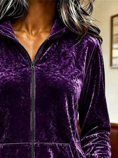 Velvet Zip-Up Hoodie by Trendsi