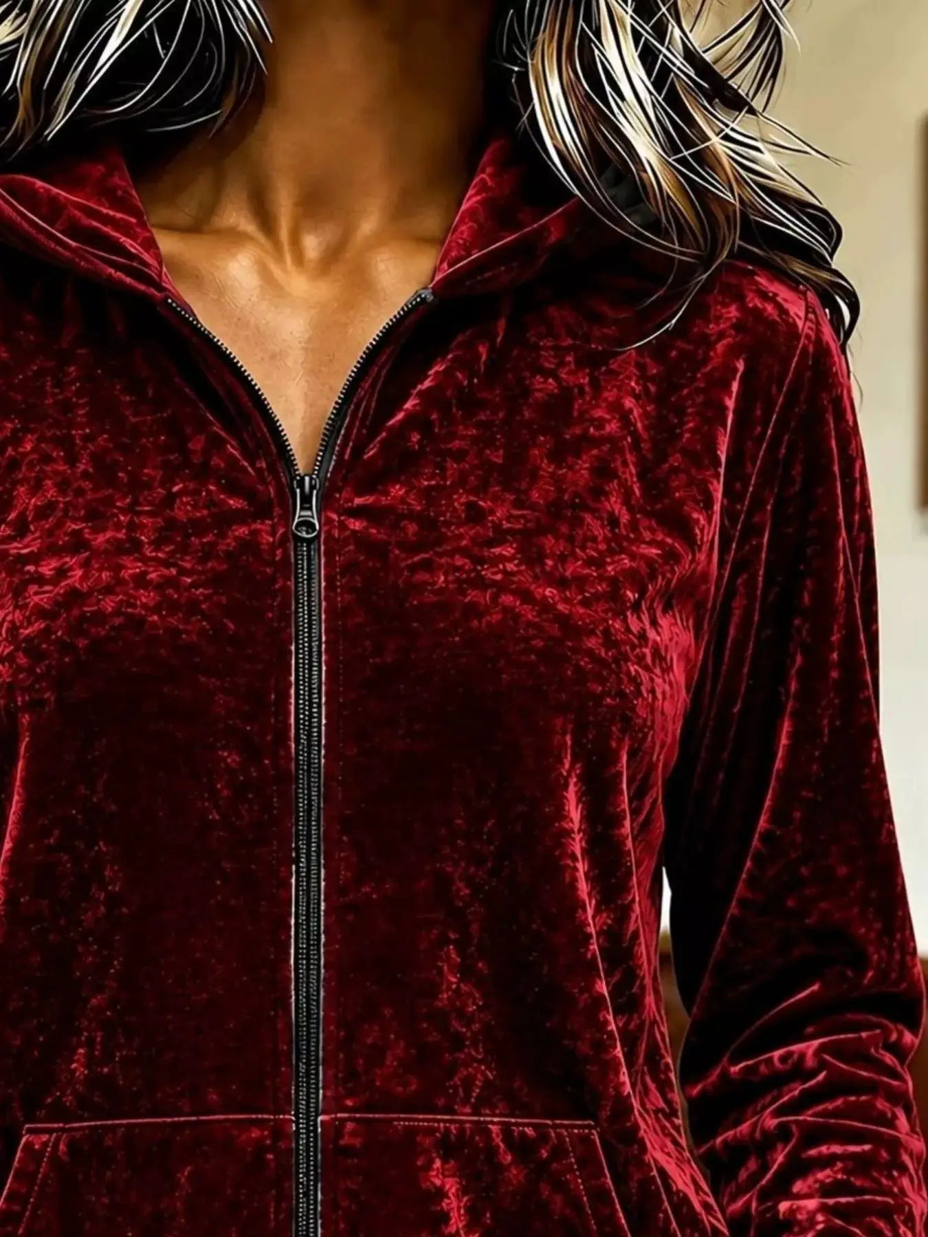 Velvet Zip-Up Hoodie by Trendsi