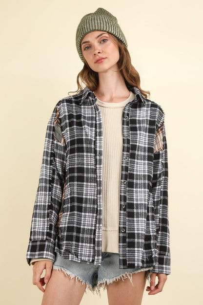 VERY J Contrast Plaid Raw Detail Shirt - Bitsy Gypsy Boutique