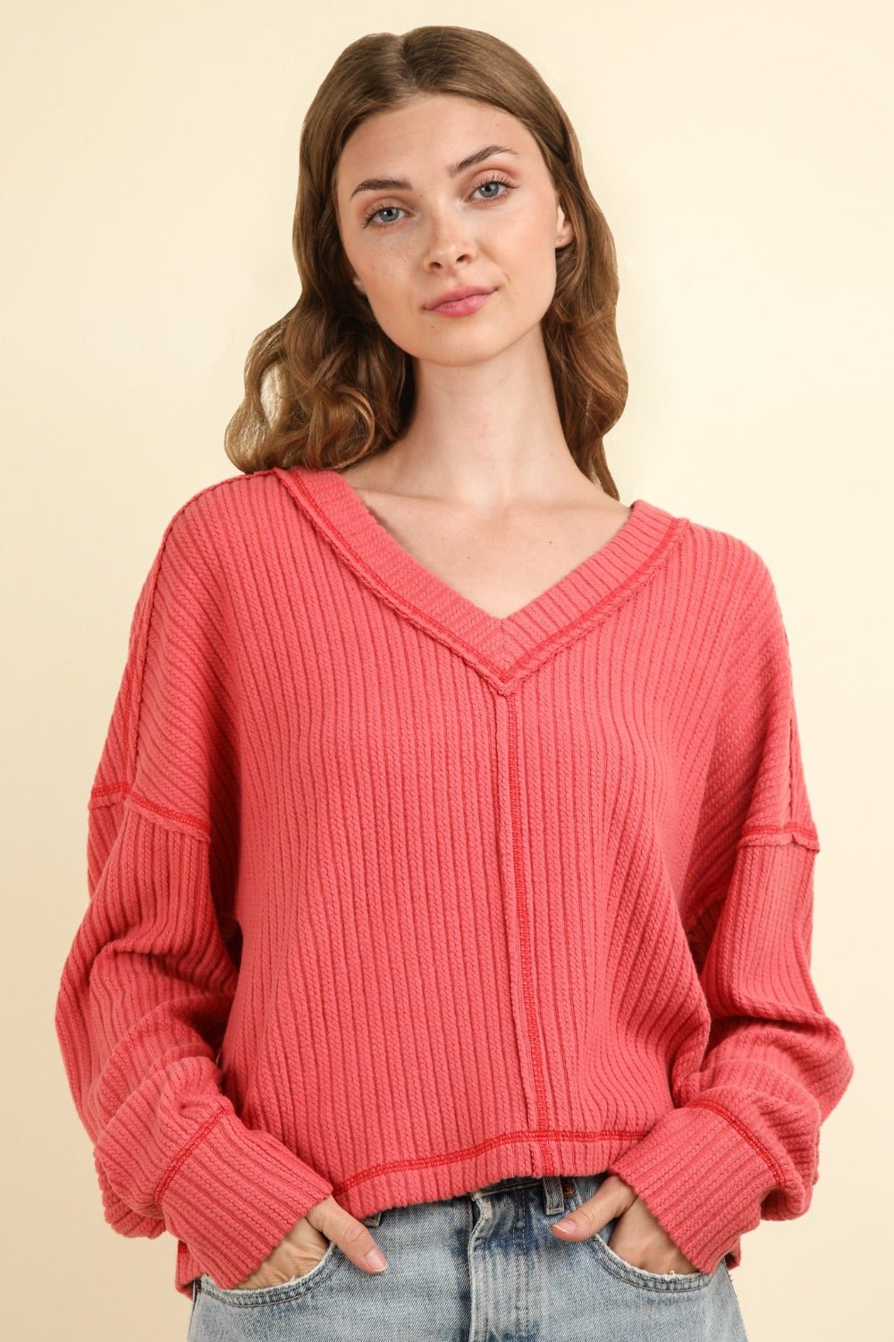 VERY J Exposed Seam V - Neck Ribbed Knit Top - Bitsy Gypsy Boutique