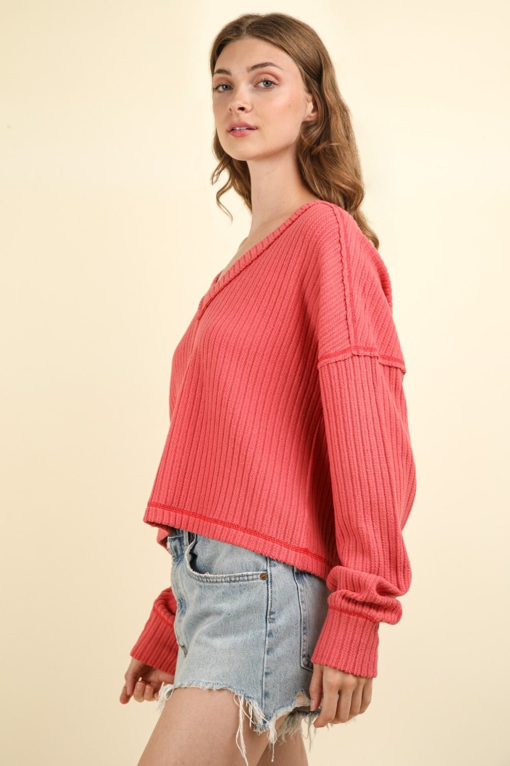 VERY J Exposed Seam V - Neck Ribbed Knit Top - Bitsy Gypsy Boutique