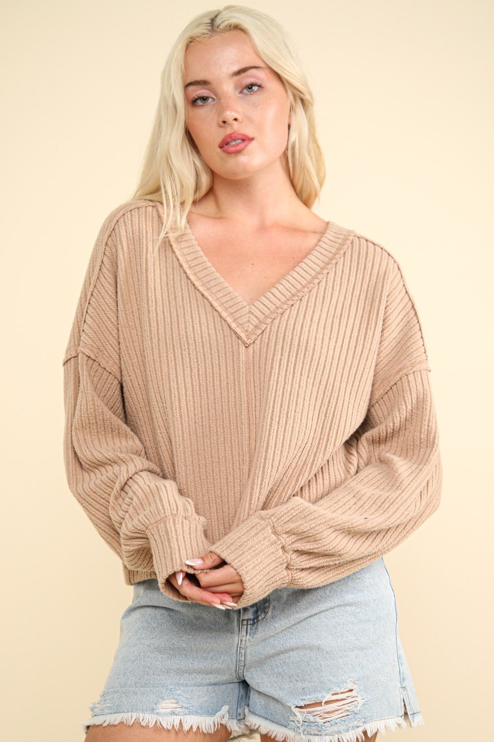 VERY J Exposed Seam V - Neck Ribbed Knit Top - Bitsy Gypsy Boutique