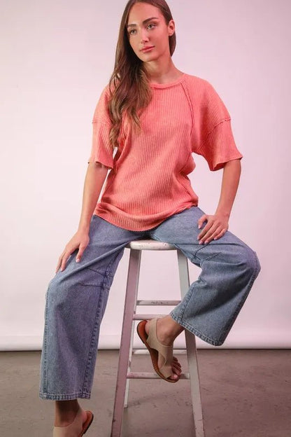 VERY J Mineral Washed Ribbed Knit Casual Top - Bitsy Gypsy Boutique