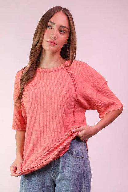 VERY J Mineral Washed Ribbed Knit Casual Top - Bitsy Gypsy Boutique