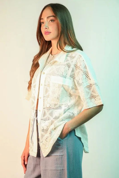 VERY J Plus Size Oversized Crochet Button Down Shirt Top - Bitsy Gypsy Boutique