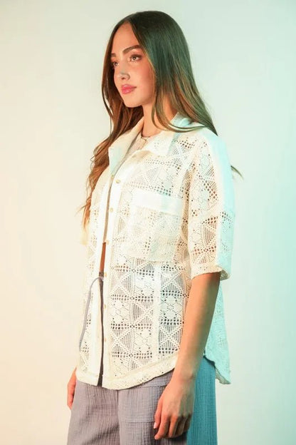 VERY J Plus Size Oversized Crochet Button Down Shirt Top - Bitsy Gypsy Boutique