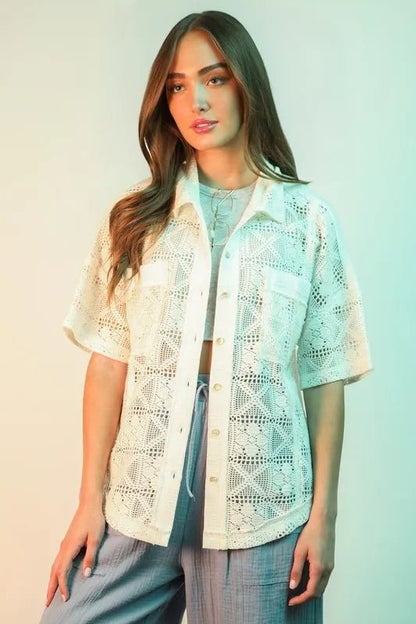 VERY J Plus Size Oversized Crochet Button Down Shirt Top - Bitsy Gypsy Boutique