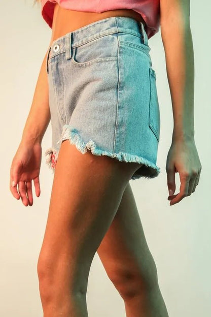 VERY J Raw Hem Pocketed Contrast Washed Denim Shorts - Bitsy Gypsy Boutique