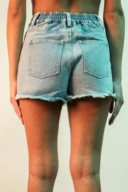 VERY J Raw Hem Pocketed Contrast Washed Denim Shorts - Bitsy Gypsy Boutique