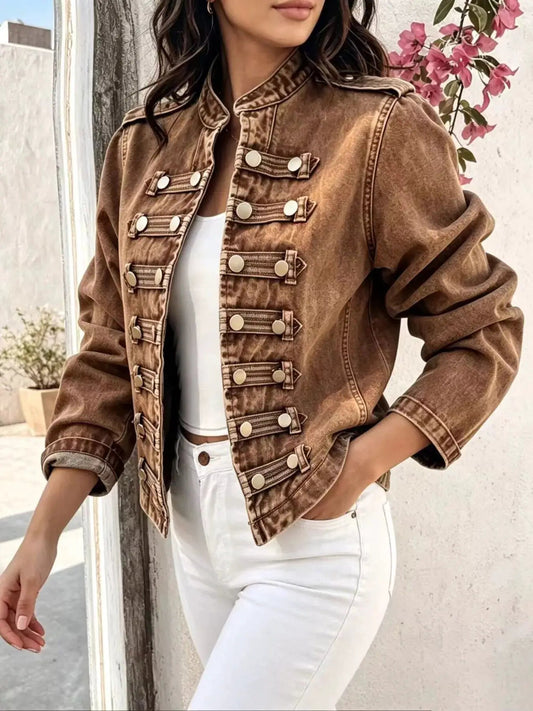 Vintage Washed Open Front Decor Buttoned Denim Jacket - Bitsy Gypsy Boutique