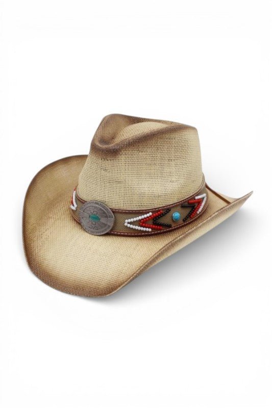 Vintage Western Straw Hat With Beaded Band - Bitsy Gypsy Boutique