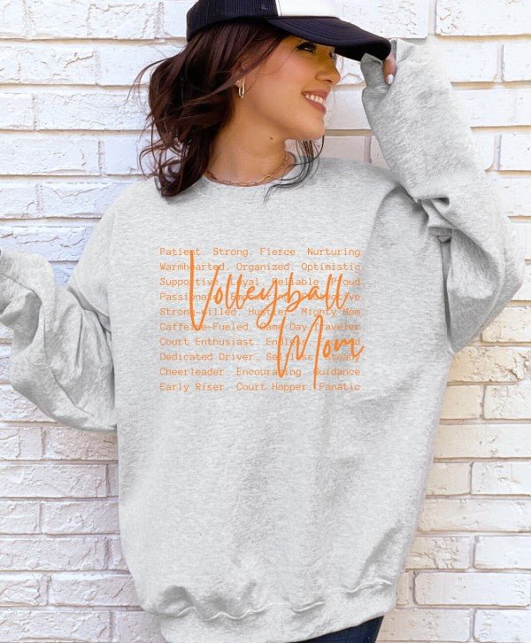 Volleyball Mom Words Orange Graphic Sweatshirt - Bitsy Gypsy Boutique