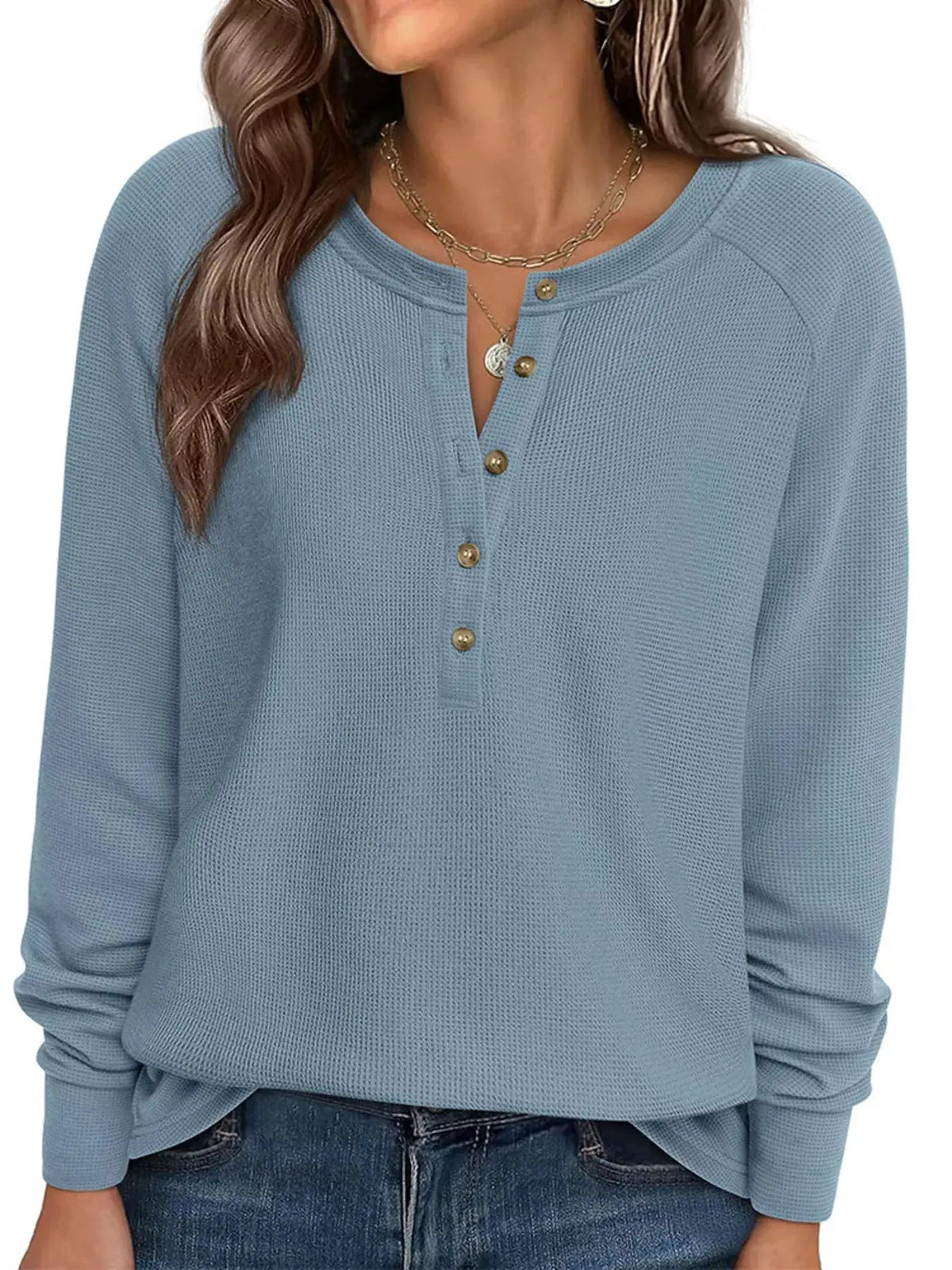 Waffle Knit Henley Long Sleeve T-Shirt - Bitsy Gypsy Boutique