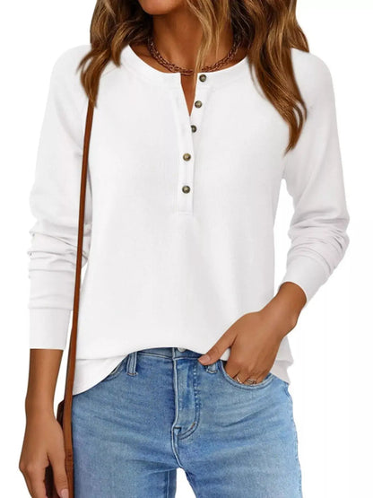 Waffle Knit Henley Long Sleeve T-Shirt - Bitsy Gypsy Boutique
