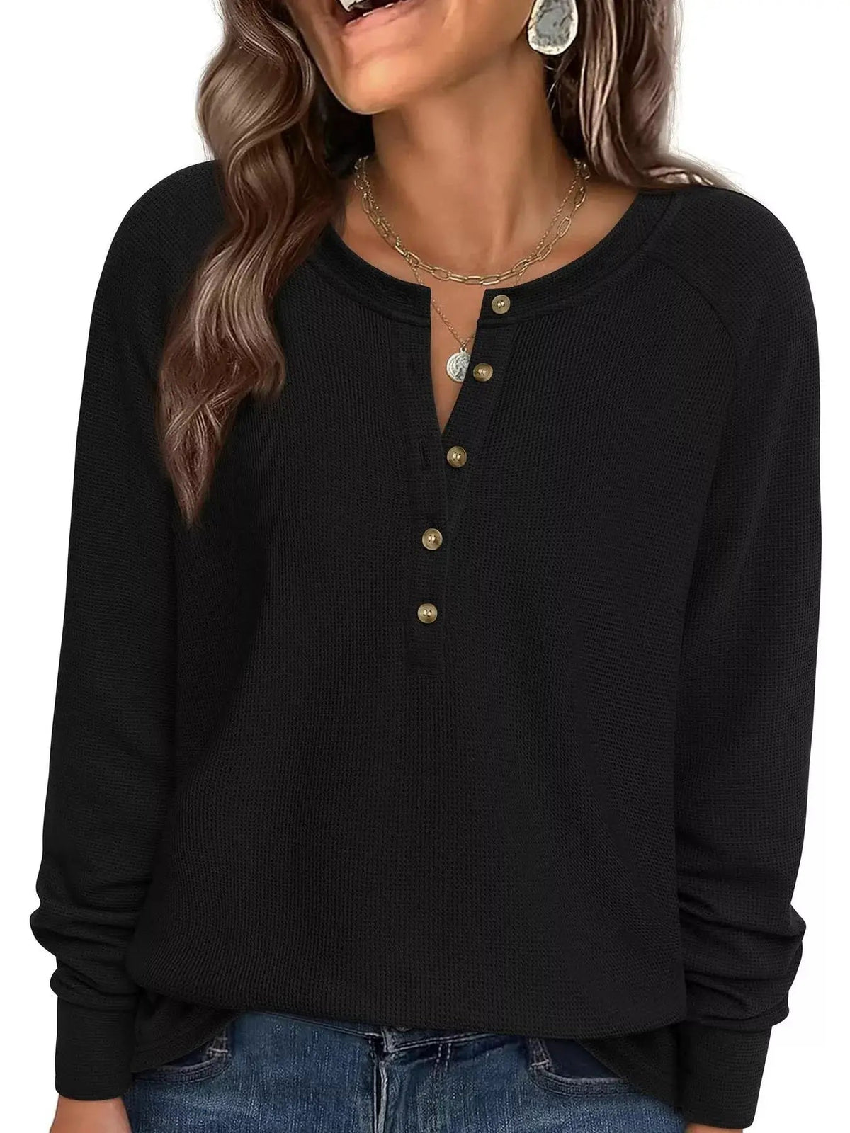 Waffle Knit Henley Long Sleeve T-Shirt - Bitsy Gypsy Boutique