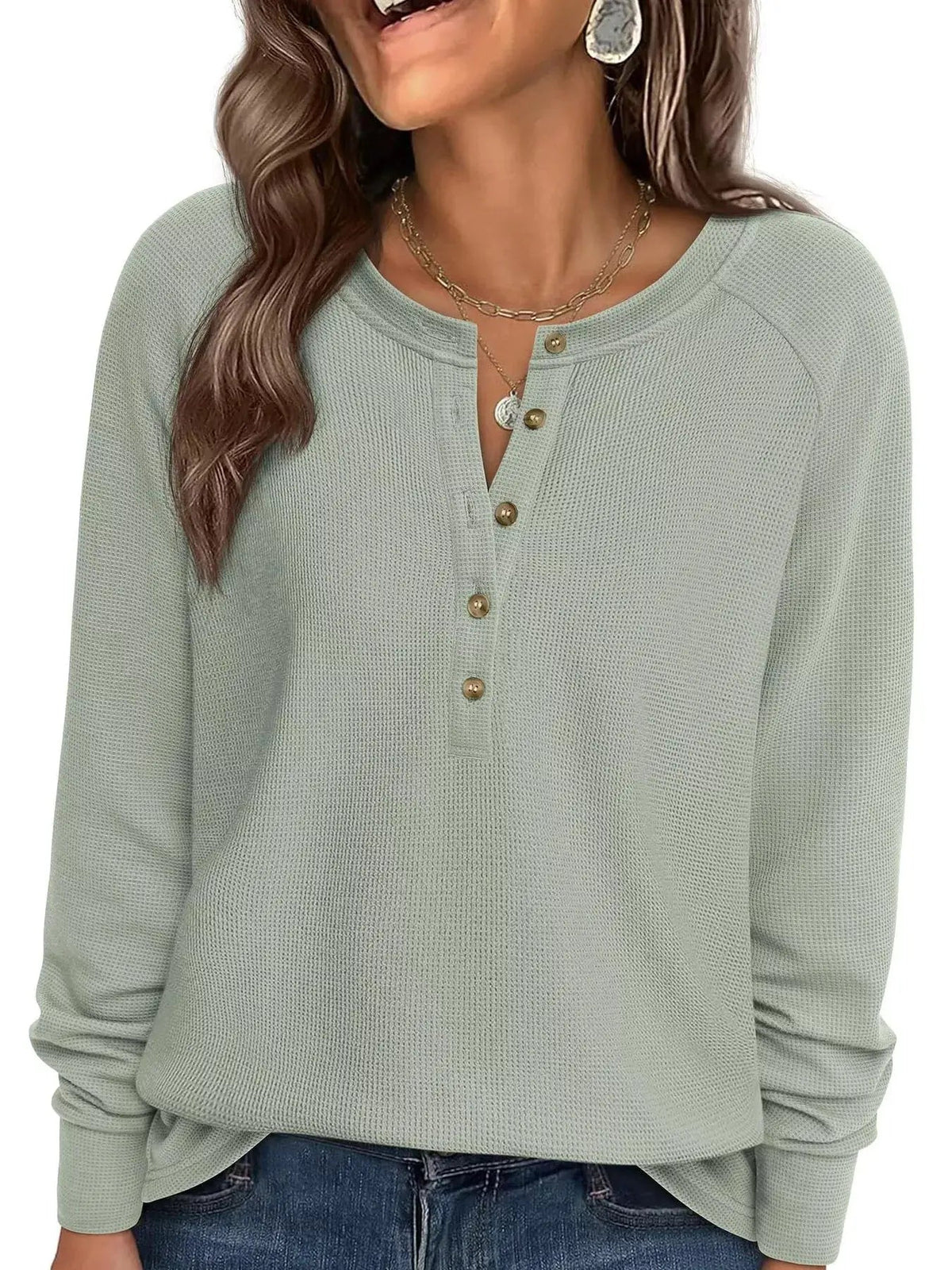 Waffle Knit Henley Long Sleeve T-Shirt - Bitsy Gypsy Boutique